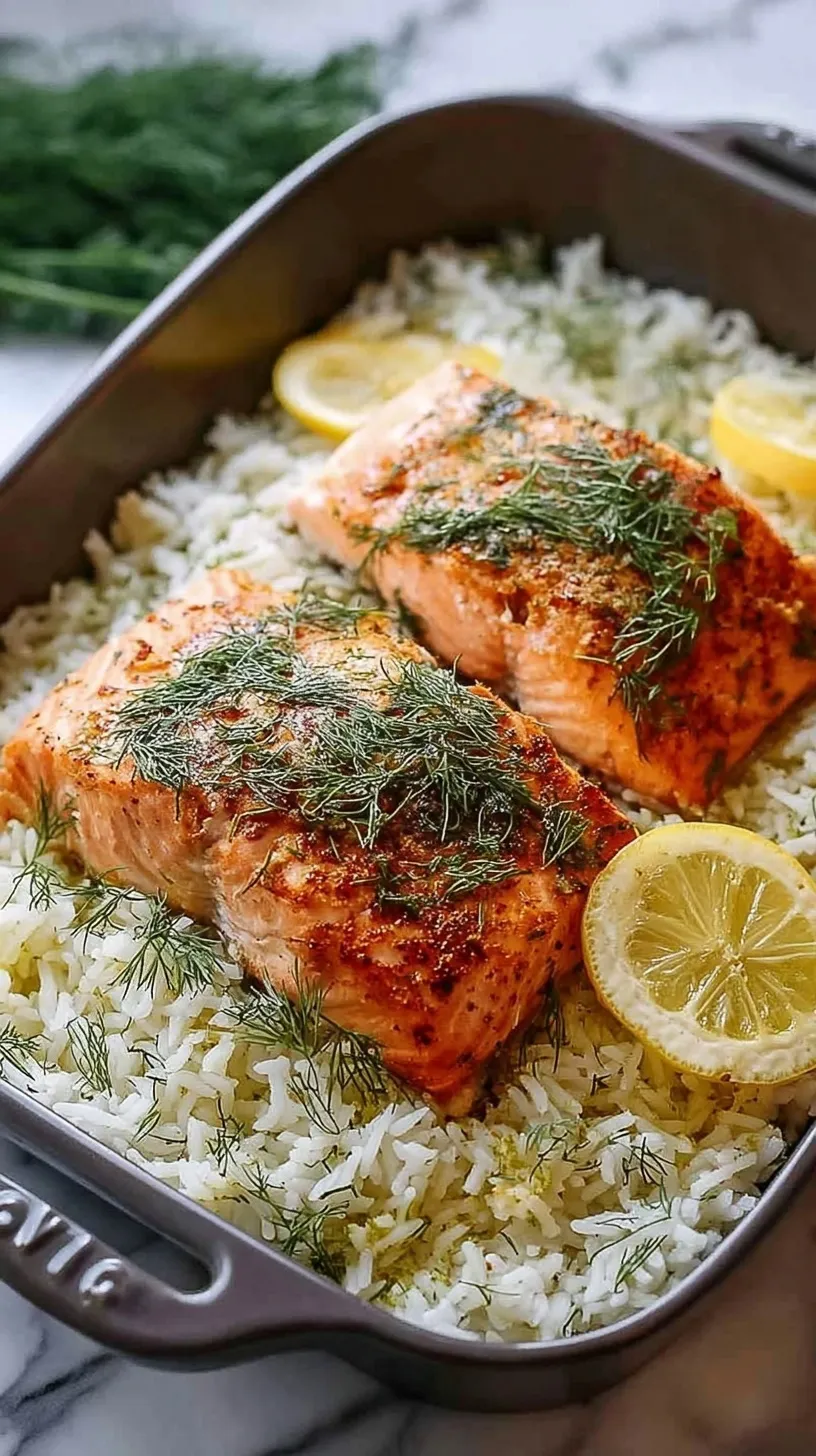 Golden baked salmon fillets topped with lemon slices served over a bed of fluffy green dill-infused rice.