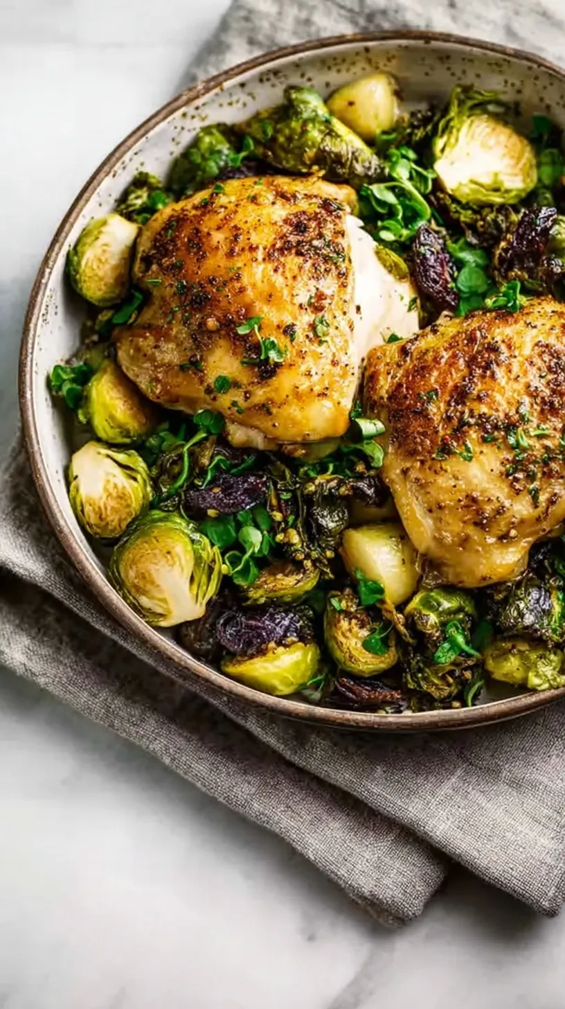 A sheet pan of balsamic roasted chicken and charred Brussels sprouts with a honey glaze.