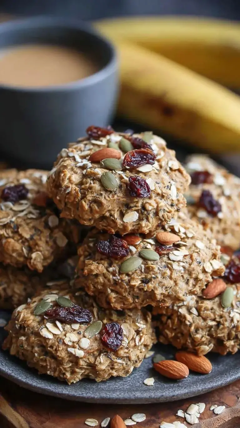 A stack of golden brown banana oatmeal high protein breakfast cookies with dark chocolate chips on a parchment-lined baking sheet.