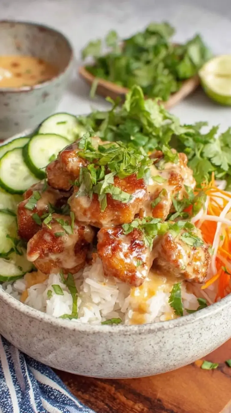 A colorful Bang Bang Chicken Rice Bowl with crispy chicken, shredded carrots, cucumbers, and edamame over white rice.