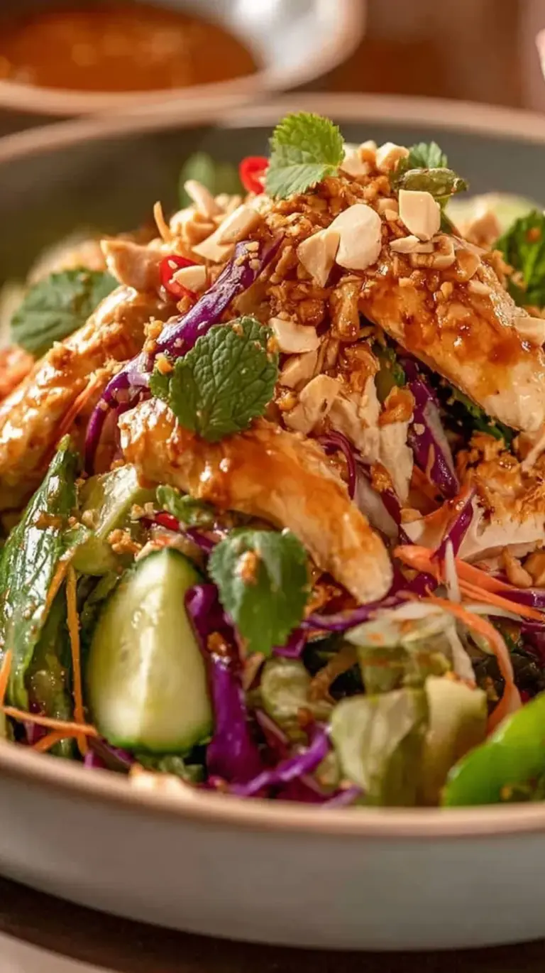 A platter of shredded chicken and julienned cucumber drizzled with spicy sesame sauce and topped with cilantro.