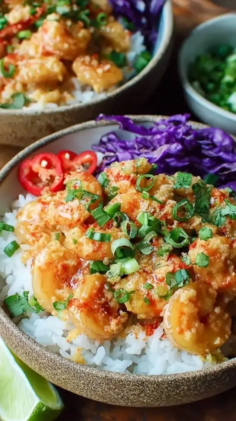 A colorful bowl of Bang Bang Shrimp with red cabbage and green onions over jasmine rice