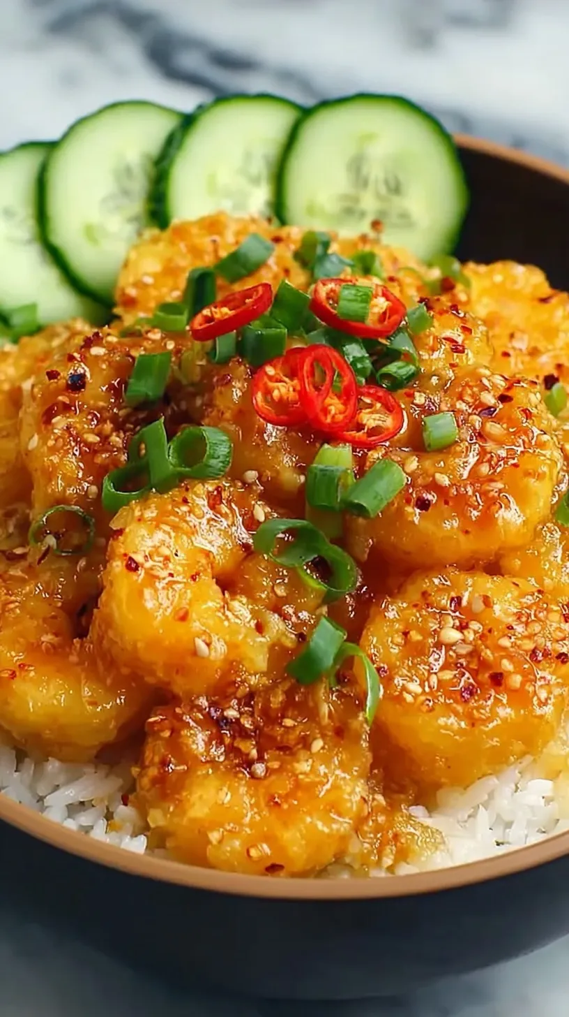 Golden fried shrimp tossed in a creamy orange sauce over a bed of shredded lettuce.