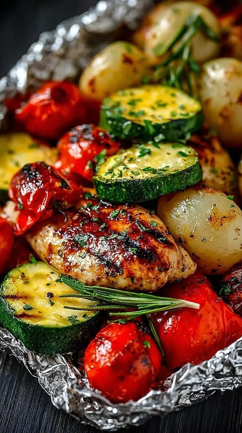 Individual foil packets filled with BBQ chicken cubes, zucchini, and colorful bell peppers on a grill