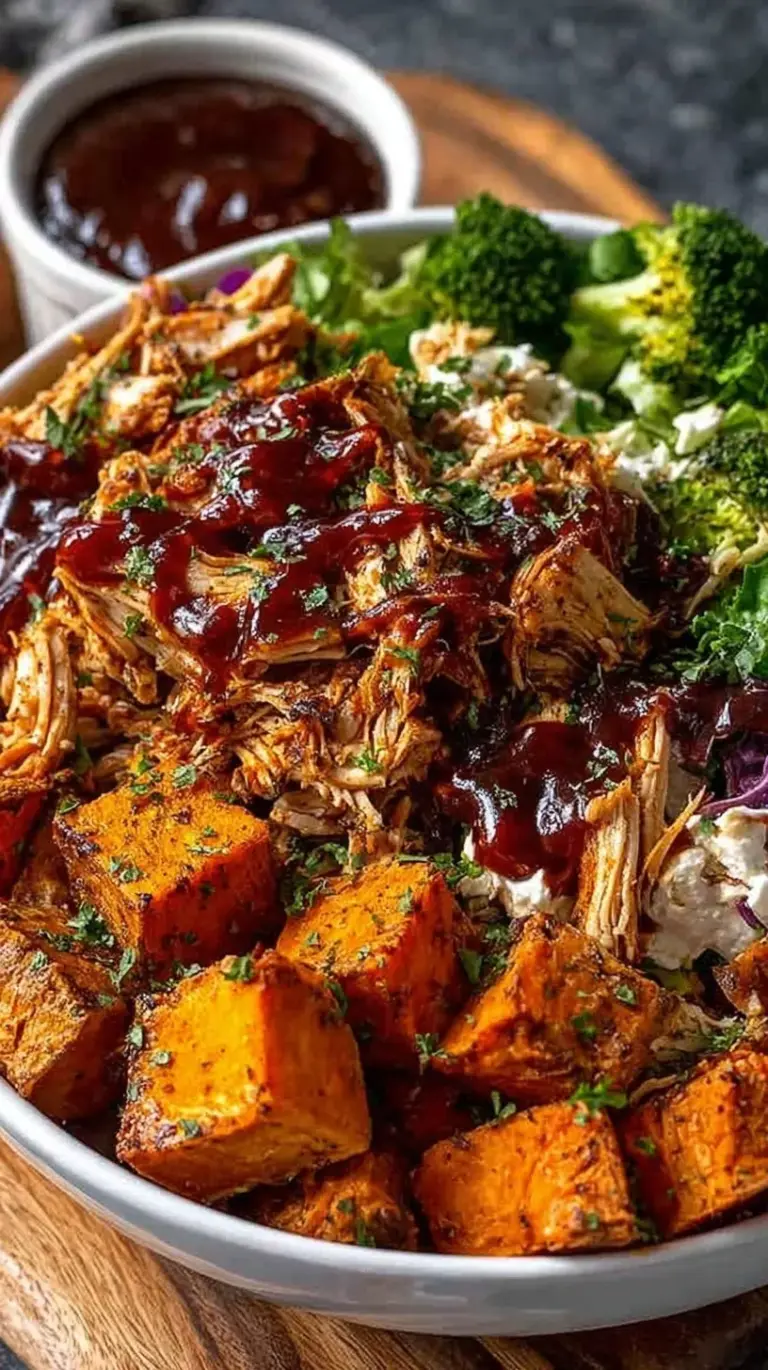 A colorful bowl featuring roasted sweet potato cubes, shredded BBQ chicken, black beans, corn, and fresh avocado slices.