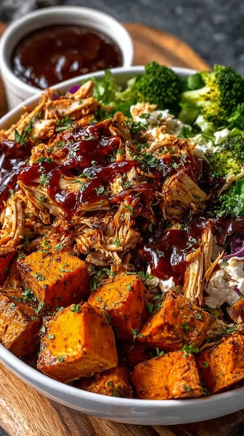 A colorful bowl featuring roasted sweet potato cubes, shredded BBQ chicken, black beans, corn, and fresh avocado slices.