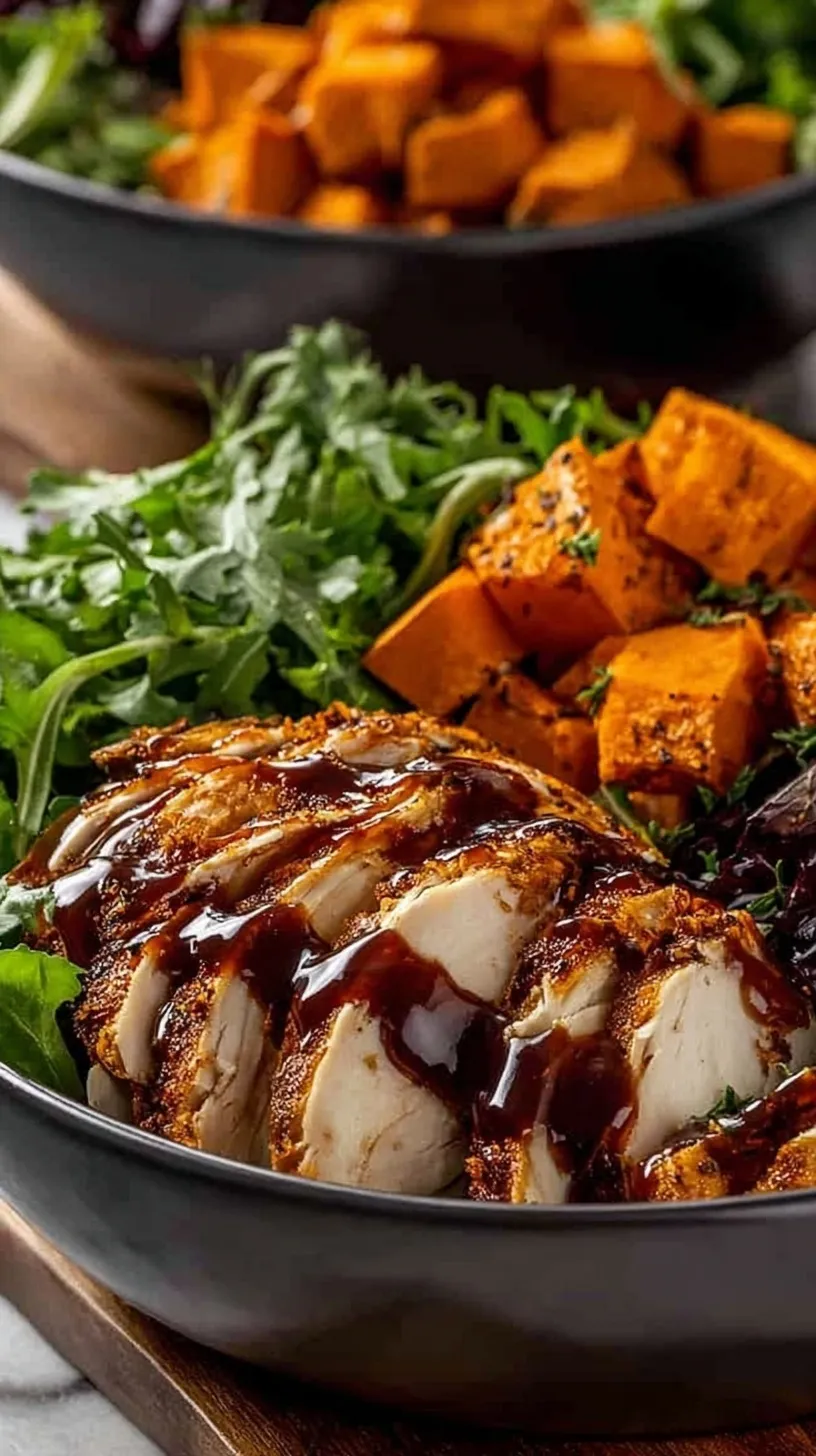 Roasted sweet potato halves stuffed with BBQ chicken, black beans, and corn with crema drizzle
