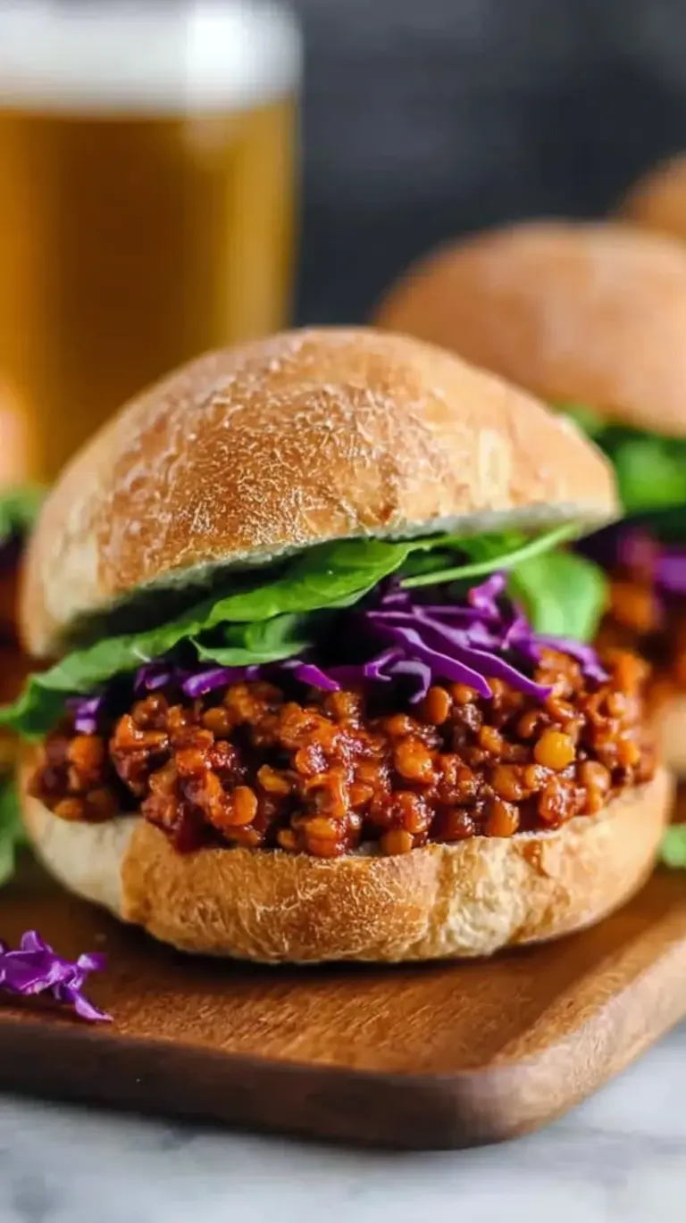 A close-up of a toasted bun overflowing with smoky BBQ Lentil Sloppy Joes filling on a wooden board.