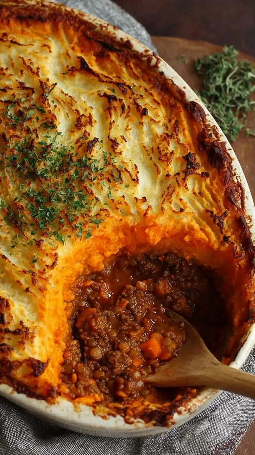 A golden brown Beef and Lentil Cottage Pie in a ceramic baking dish with a textured potato crust.