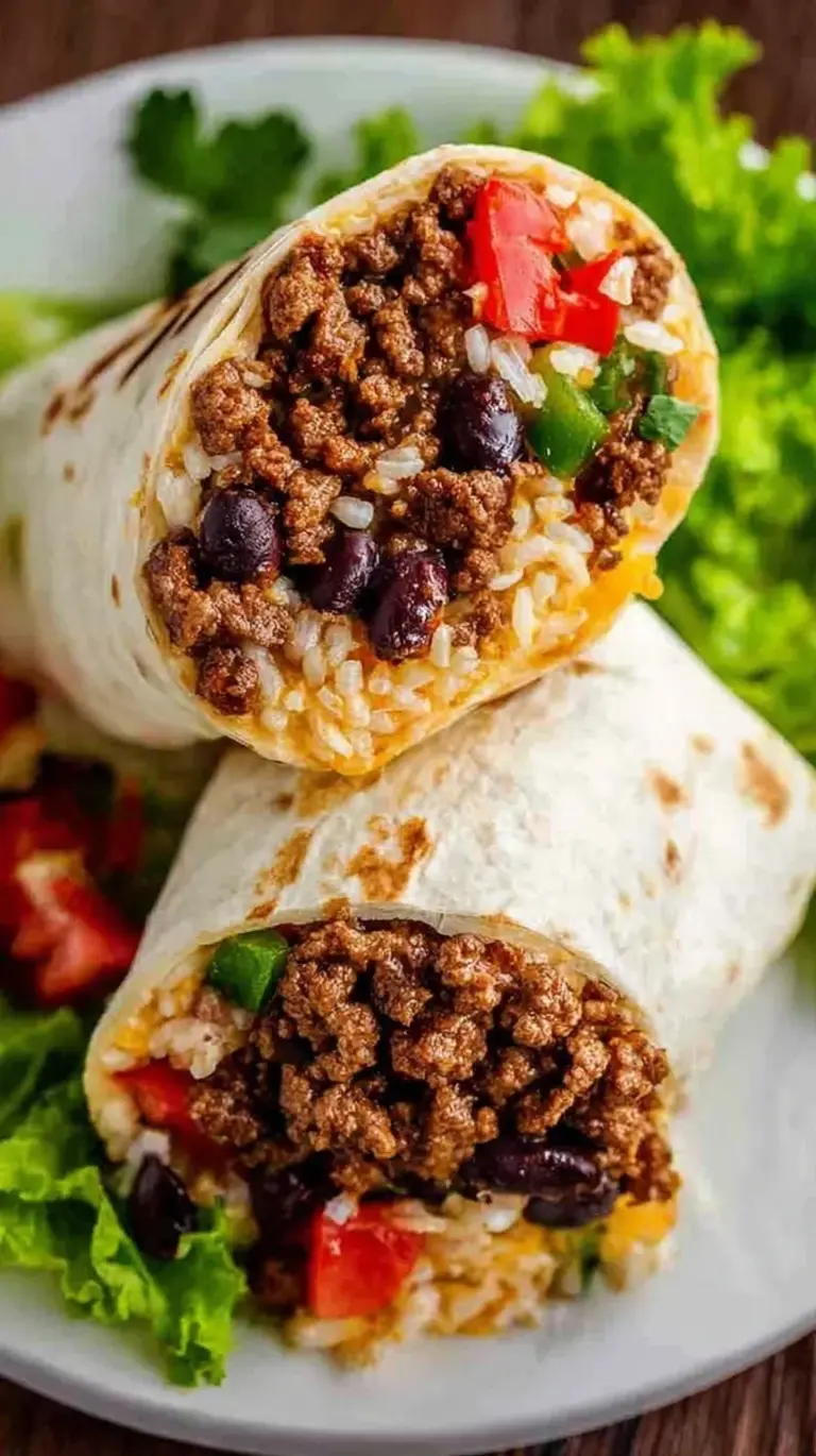 A golden, toasted classic beef burrito sliced in half showing seasoned meat, rice, and melted cheese.