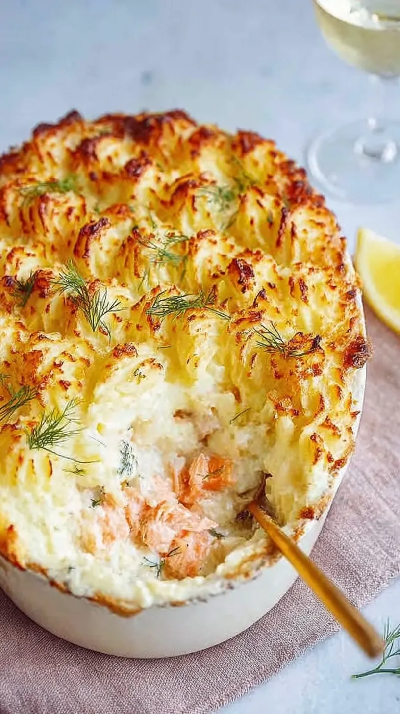 A golden brown fish pie with a cheesy mashed potato crust in a white ceramic baking dish.