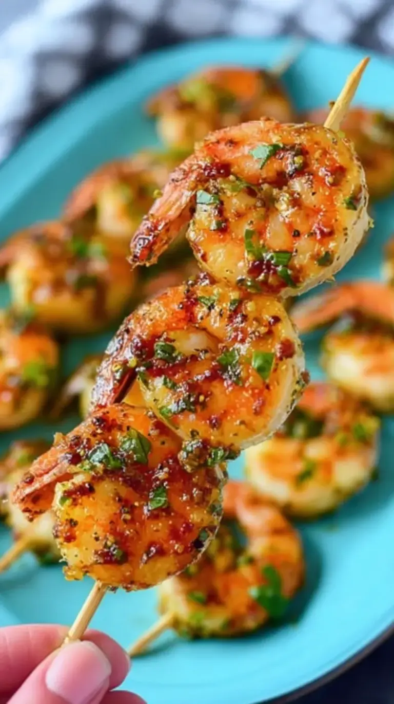 Grilled shrimp on a platter with fresh lemon slices and parsley garnish