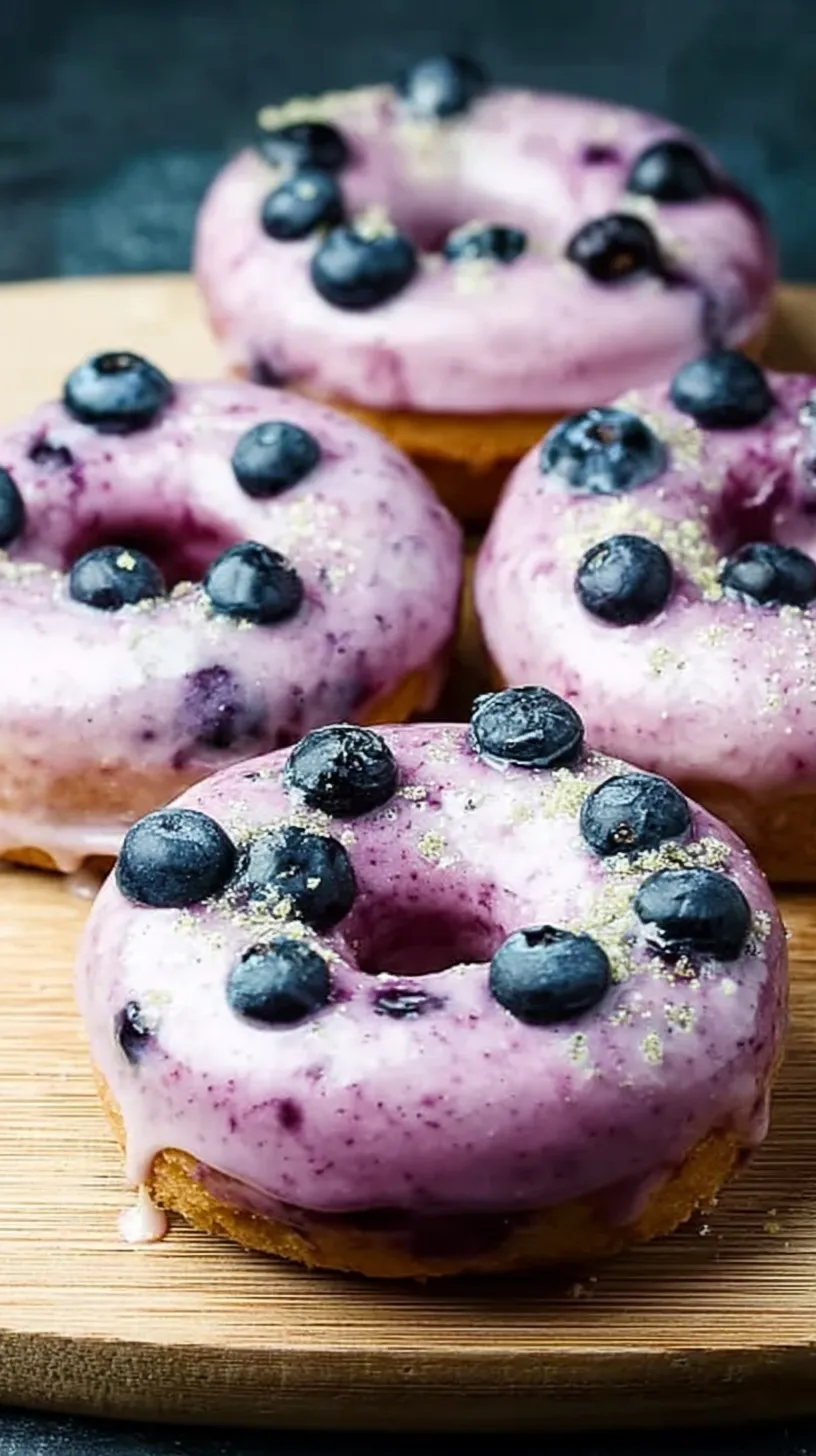 Golden baked blueberry cake donuts with a clear sugar glaze and fresh berries on a wire rack.