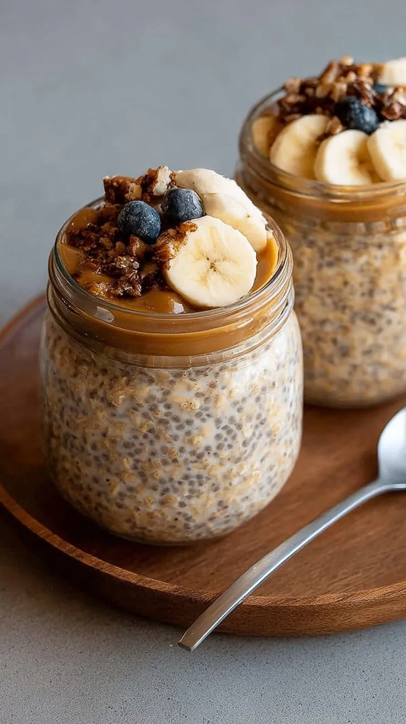 A glass jar filled with creamy brown sugar overnight oats topped with a sprinkle of cinnamon and a spoon.