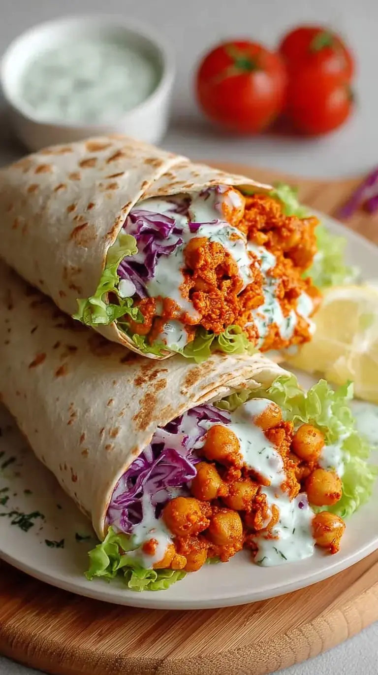 A colorful Buffalo Chickpea Salad Wrap sliced in half showing spicy chickpeas, shredded carrots, and romaine lettuce.