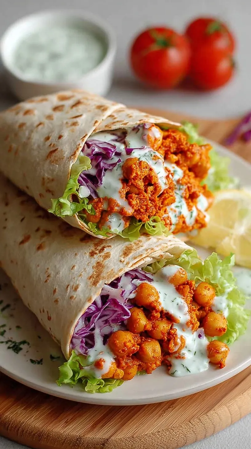 A colorful Buffalo Chickpea Salad Wrap sliced in half showing spicy chickpeas, shredded carrots, and romaine lettuce.