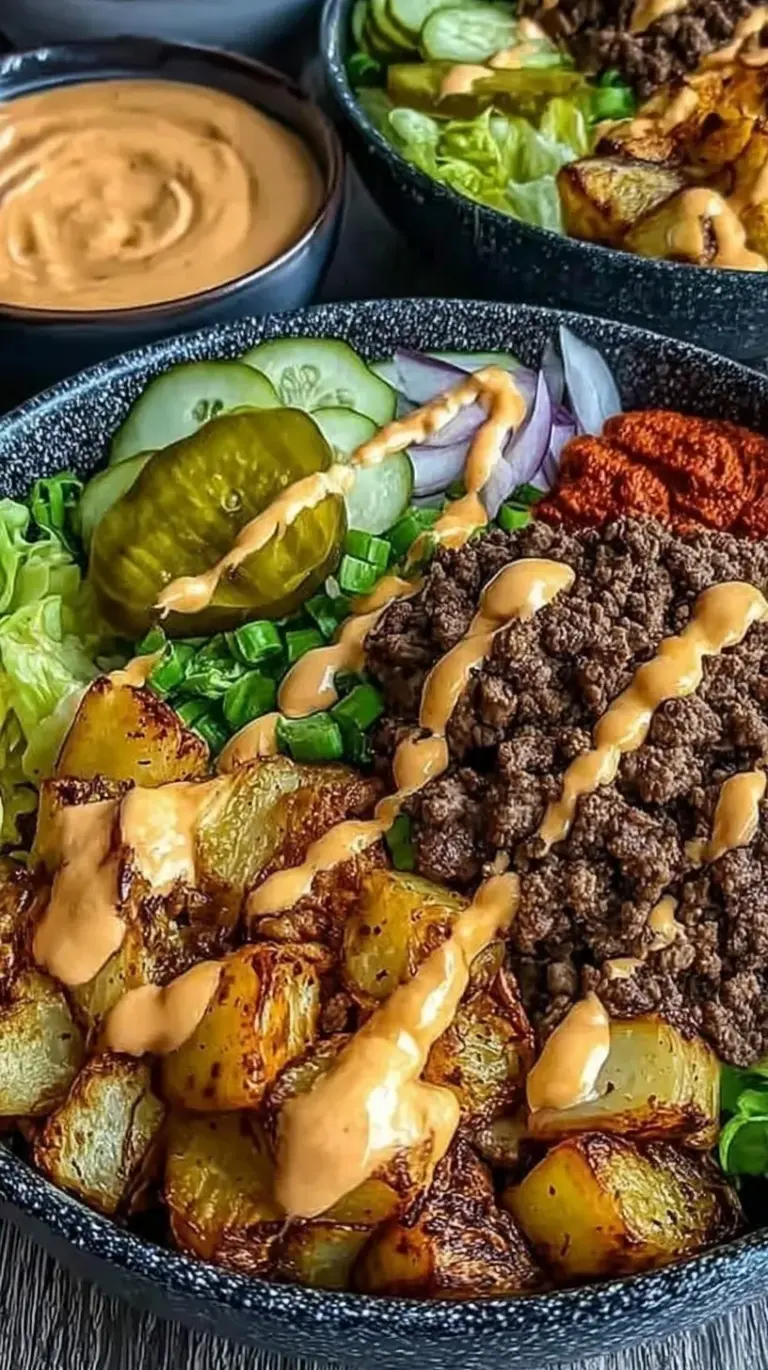 A colorful burger bowl with seasoned ground beef, cherry tomatoes, red onions, and pickles over romaine lettuce.