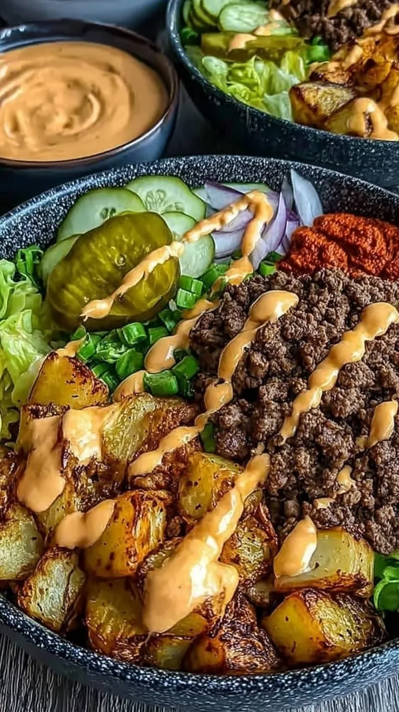 A colorful burger bowl with seasoned ground beef, cherry tomatoes, red onions, and pickles over romaine lettuce.