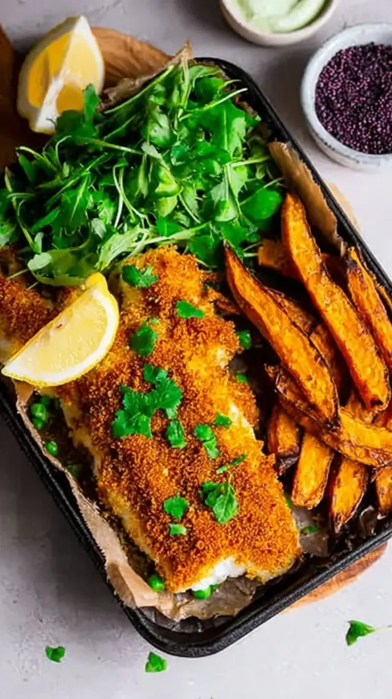 Pan-seared Cajun spiced fish served with golden sweet potato rounds and lemon wedges.