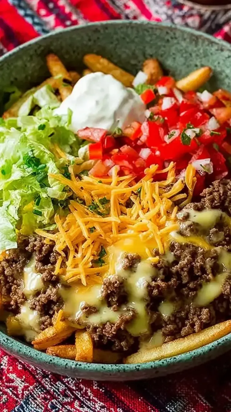 A colorful cheeseburger bowl with seasoned beef, melted cheese, pickles, and red onions on a bed of lettuce.