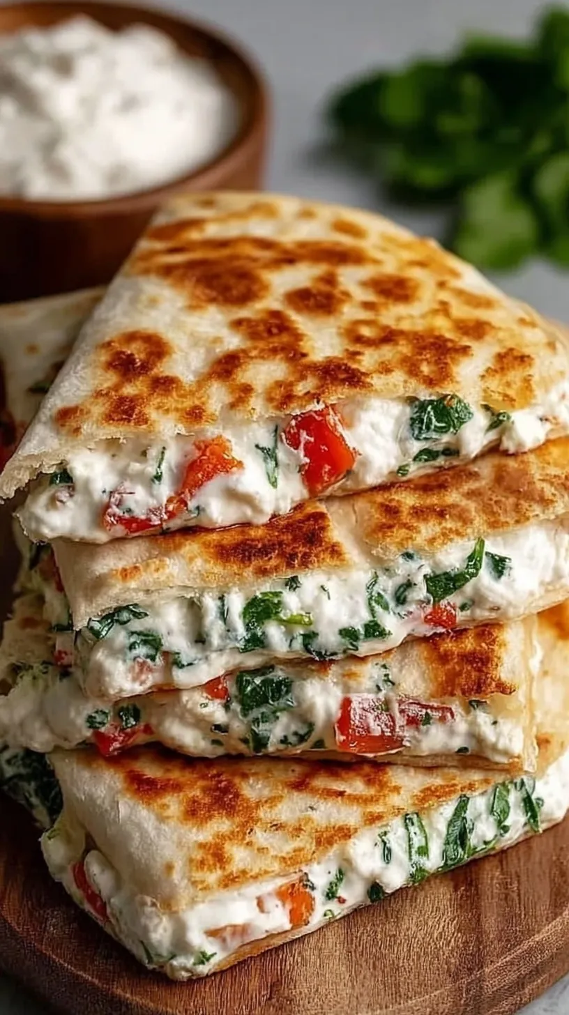 A golden brown crispy Mediterranean Quesadilla sliced into wedges showing melted cheese and spinach.