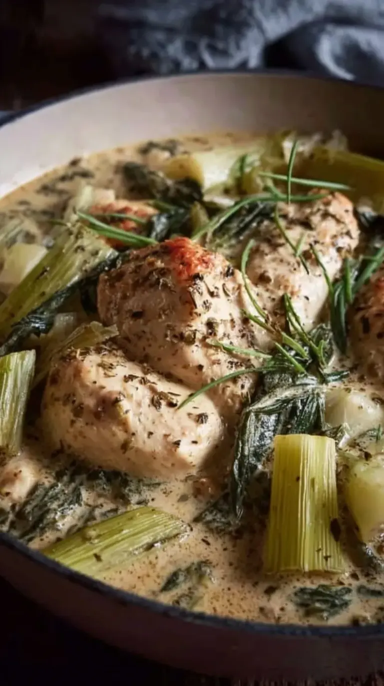 A skillet of golden browned chicken chunks and soft sliced leeks in a rich white wine cream sauce garnished with fresh parsley.