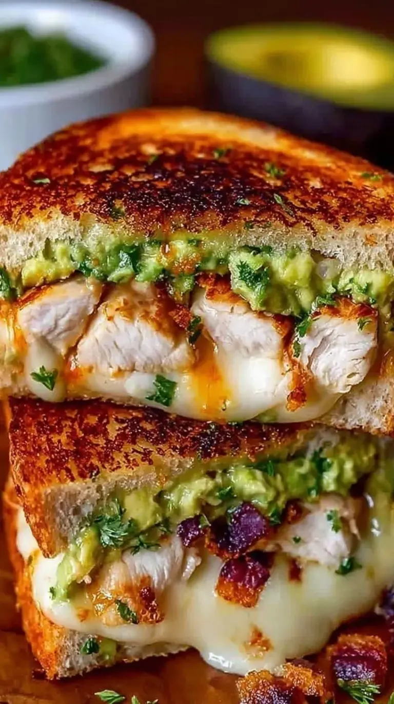 A golden grilled chicken avocado melt sandwich sliced on a plate