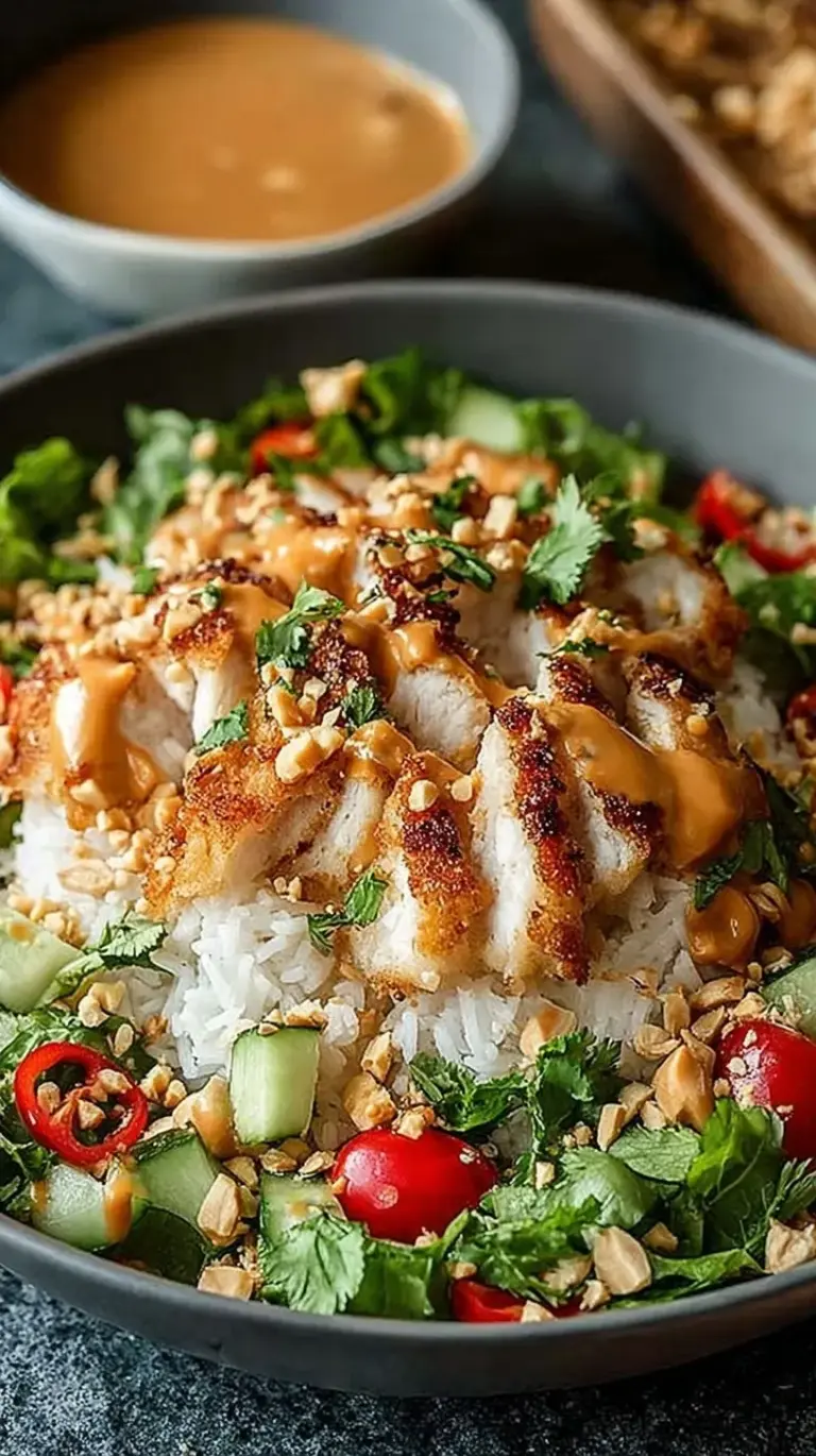 A colorful bowl of Chicken Crispy Rice Salad with fresh herbs and golden rice clusters