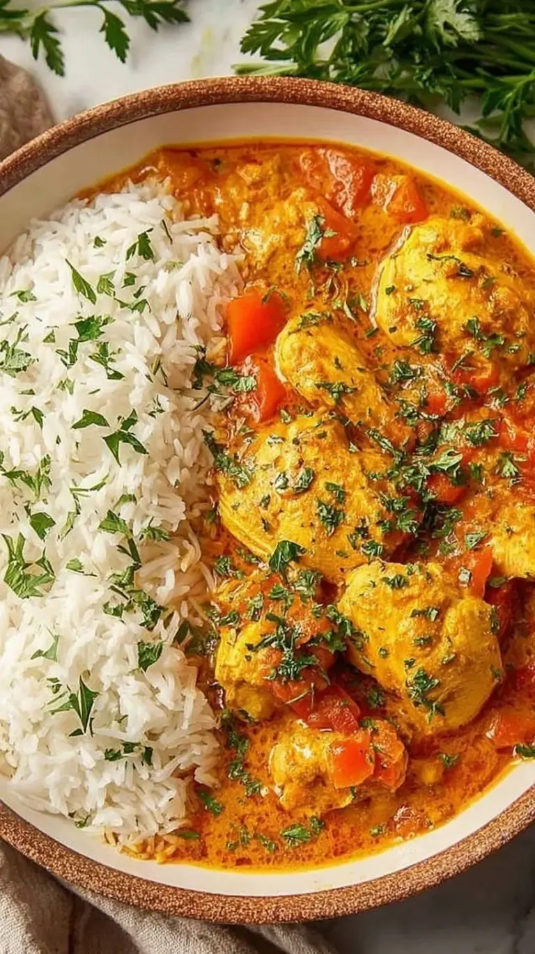 A vibrant bowl of golden chicken curry garnished with fresh cilantro and served with rice.
