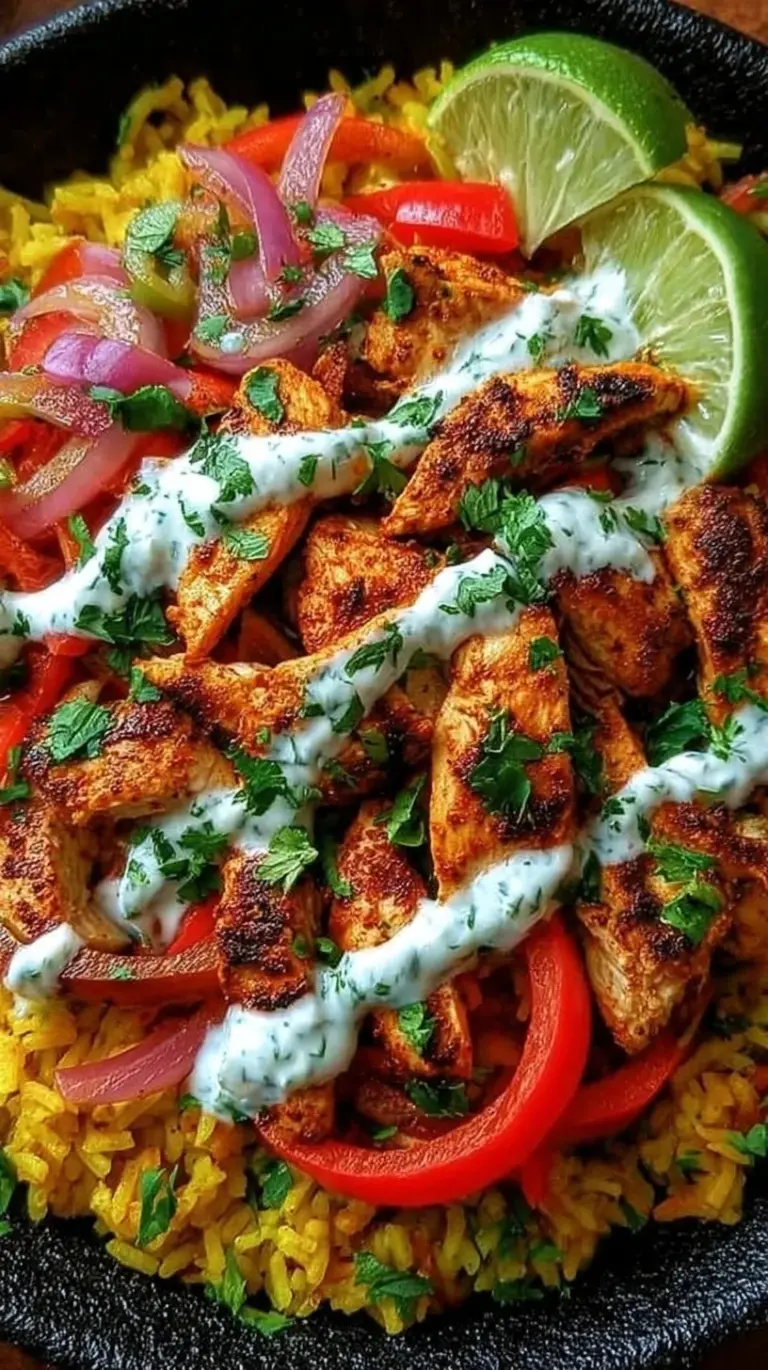 Colorful chicken fajita rice bowls topped with avocado and cilantro in a white bowl.