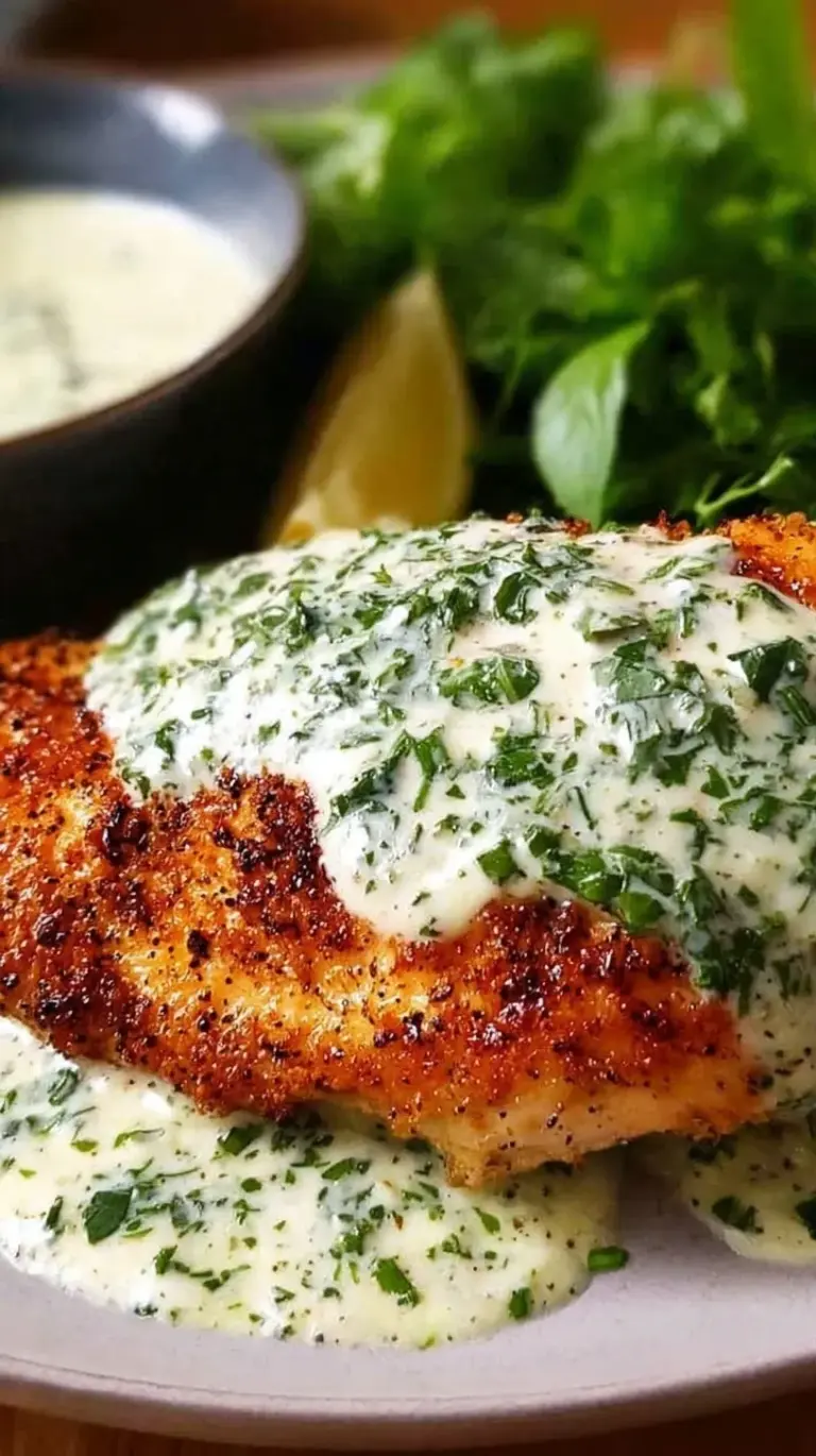 Golden pan-seared chicken breasts smothered in a creamy garlic and basil sauce in a skillet.