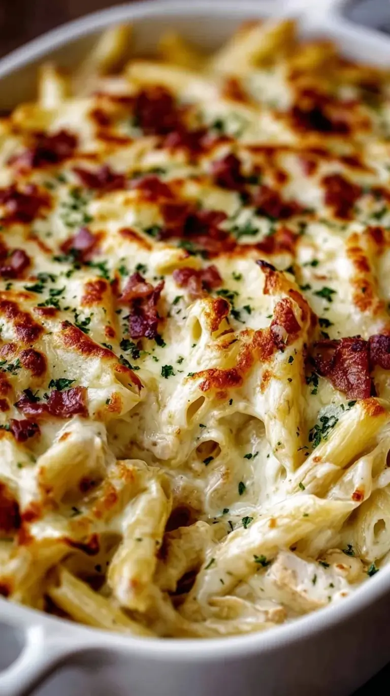 A bubbling dish of Chicken Ranch Baked Penne topped with melted cheese, crispy bacon, and fresh green onions.