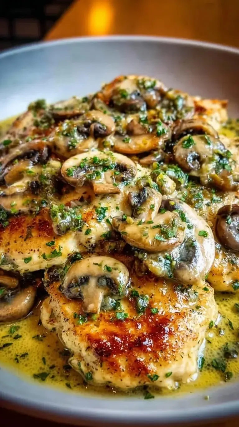 Golden brown chicken scallopini in a pan with mushrooms, capers, and a silky lemon sauce topped with parsley.
