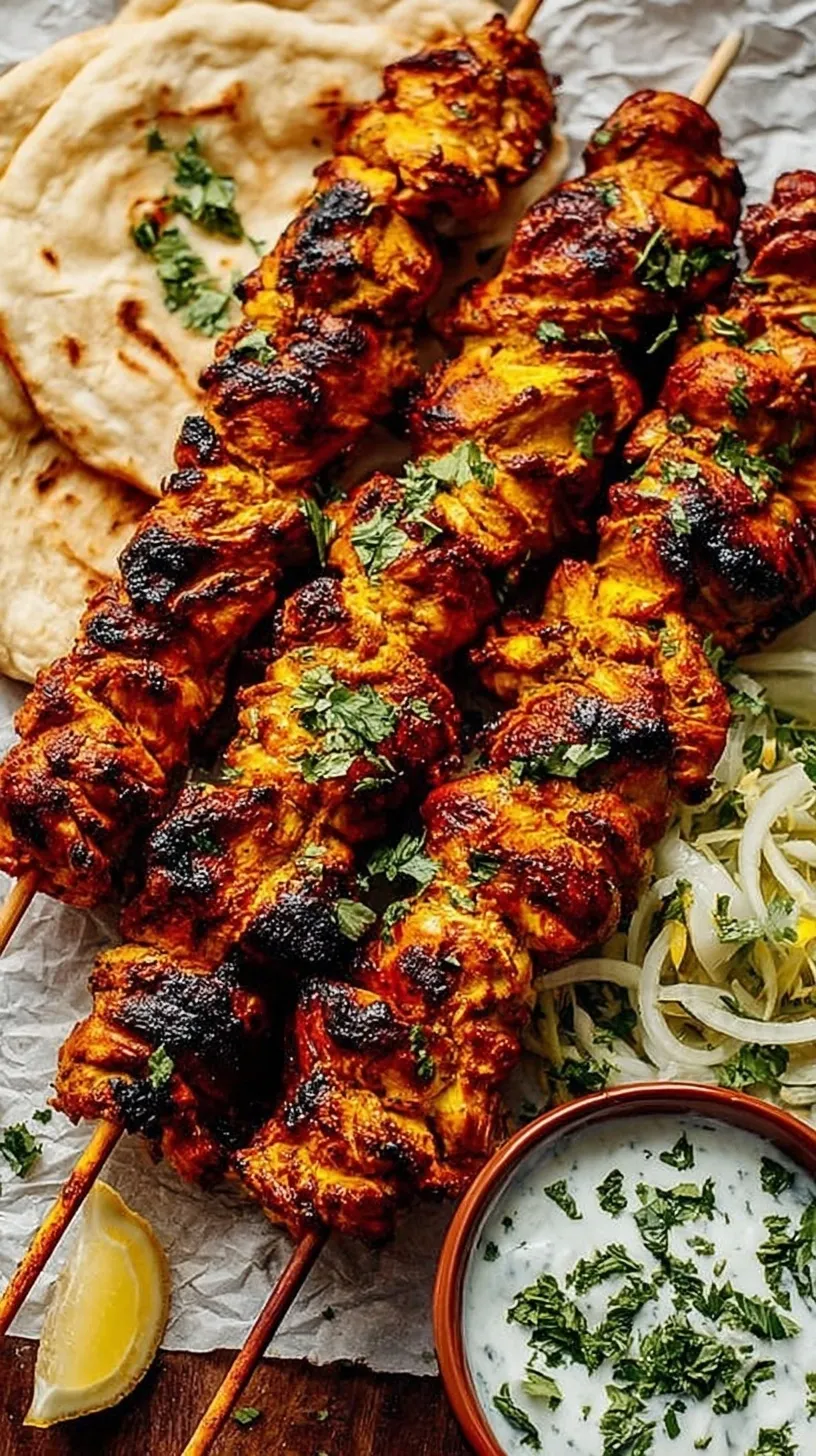 Grilled chicken shawarma skewers with charred edges served on a platter with lemon wedges and fresh herbs.