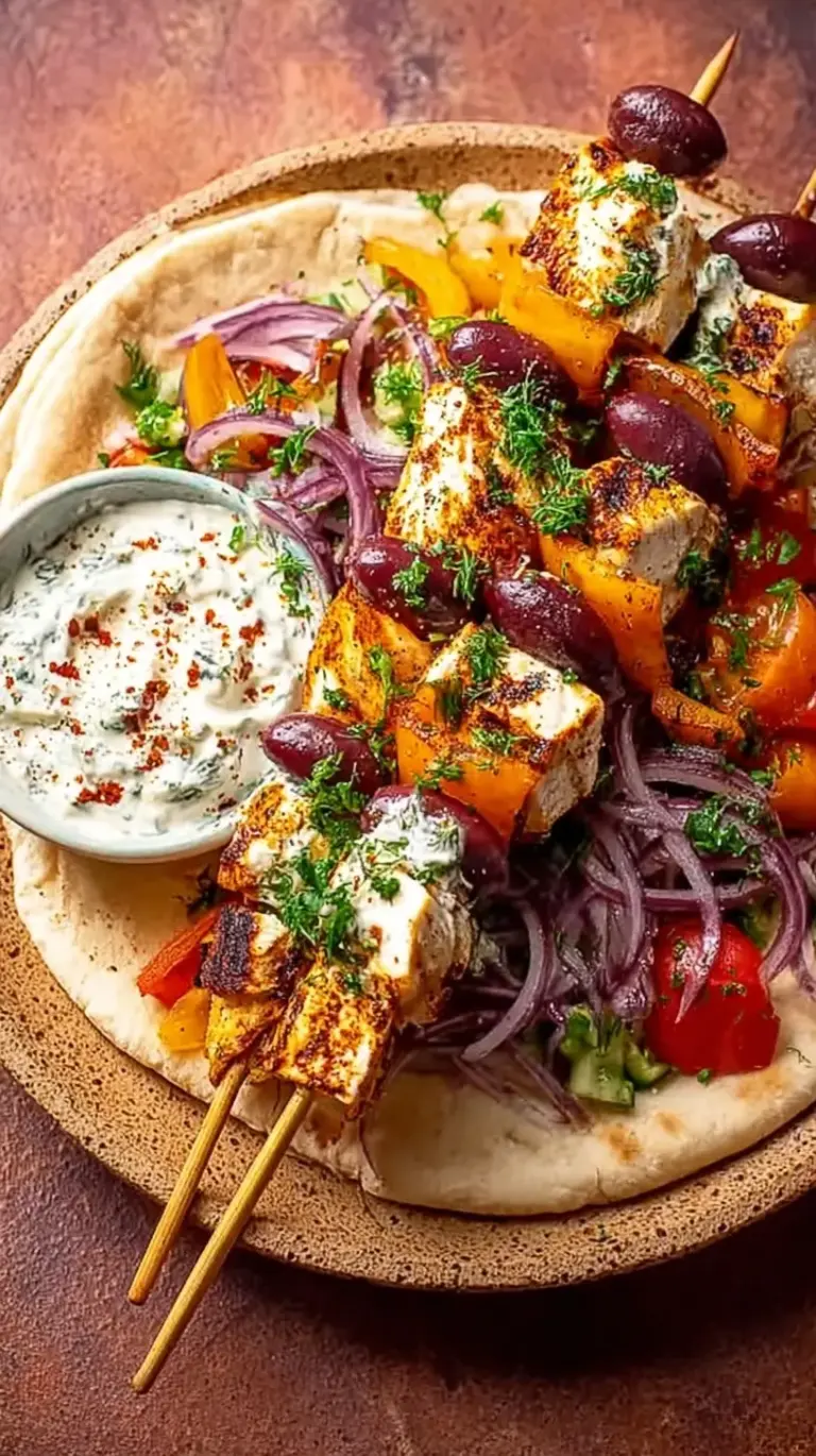 Grilled chicken souvlaki skewers on a platter with lemon wedges and fresh herbs