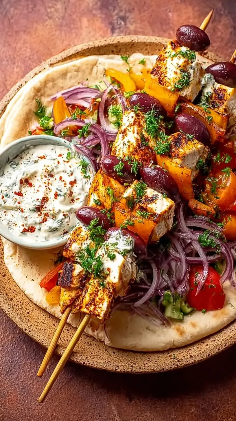 Grilled chicken souvlaki skewers on a platter with lemon wedges and fresh herbs