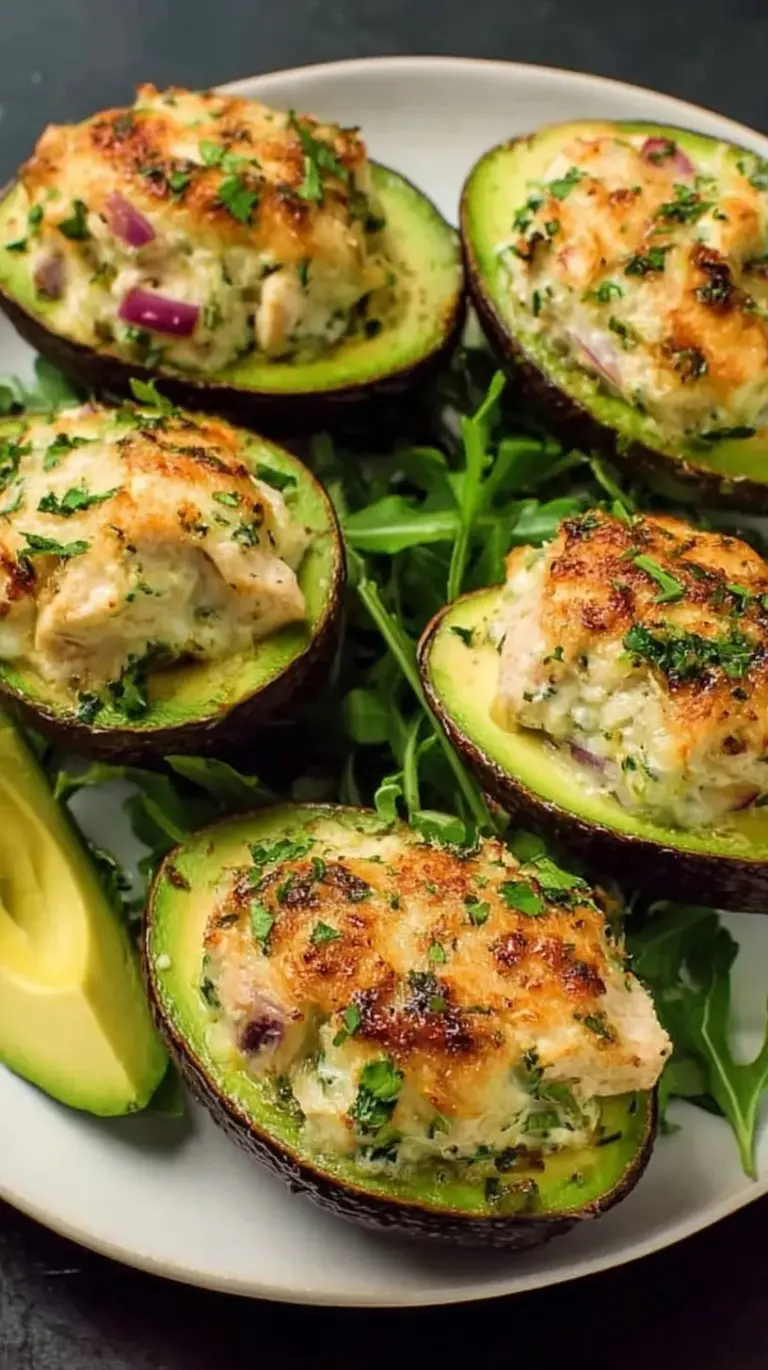 Two golden-brown chicken-stuffed baked avocados topped with melted cheese and fresh cilantro in a baking dish.