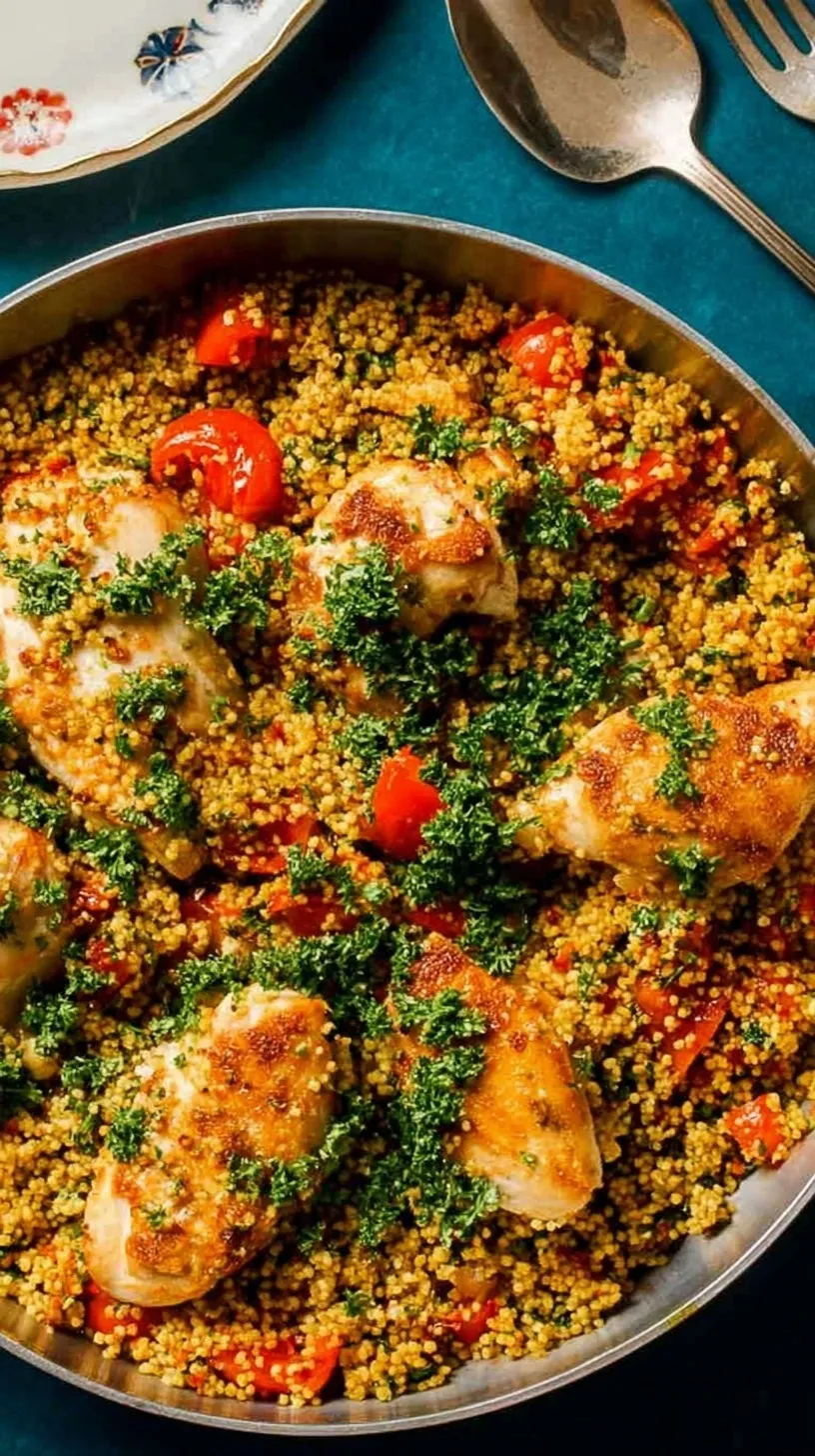 Golden seared chicken thighs nestled in a bed of fluffy spiced bulgur wheat with fresh parsley.