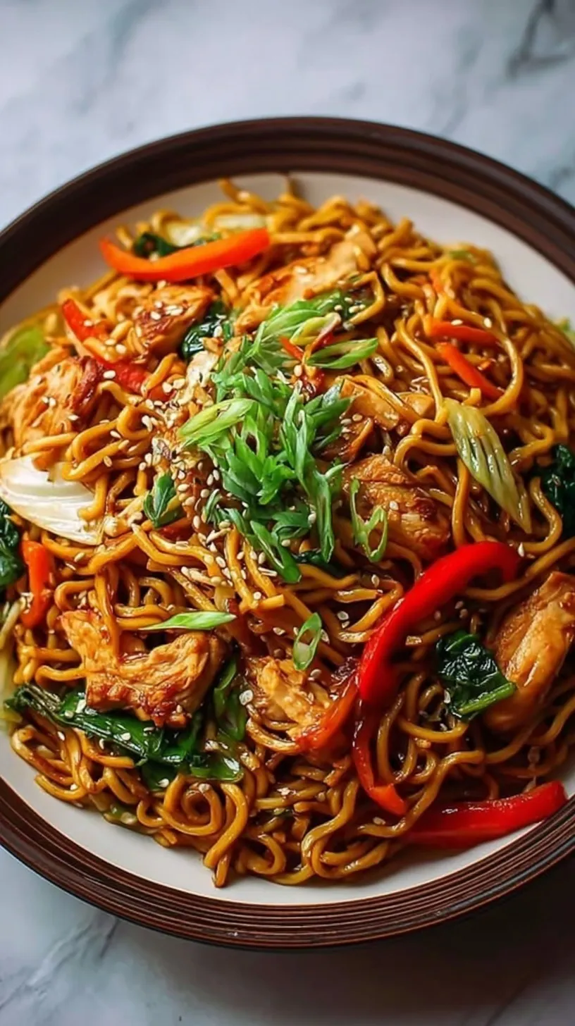 A steaming bowl of Chicken Yakisoba with colorful vegetables and pickled ginger garnish.