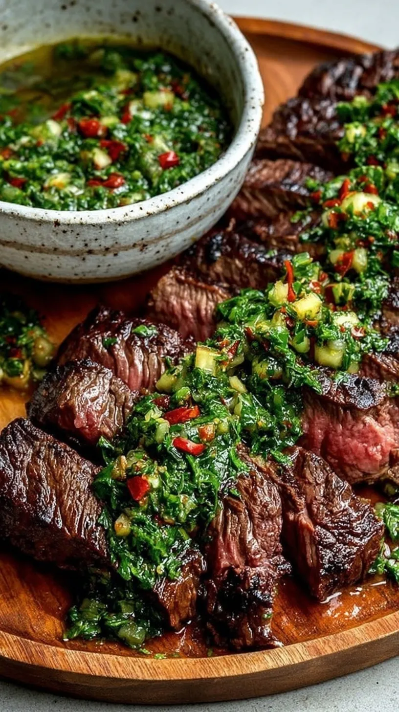 Grilled flank steak sliced thin and topped with a bright green parsley and garlic chimichurri sauce on a platter.