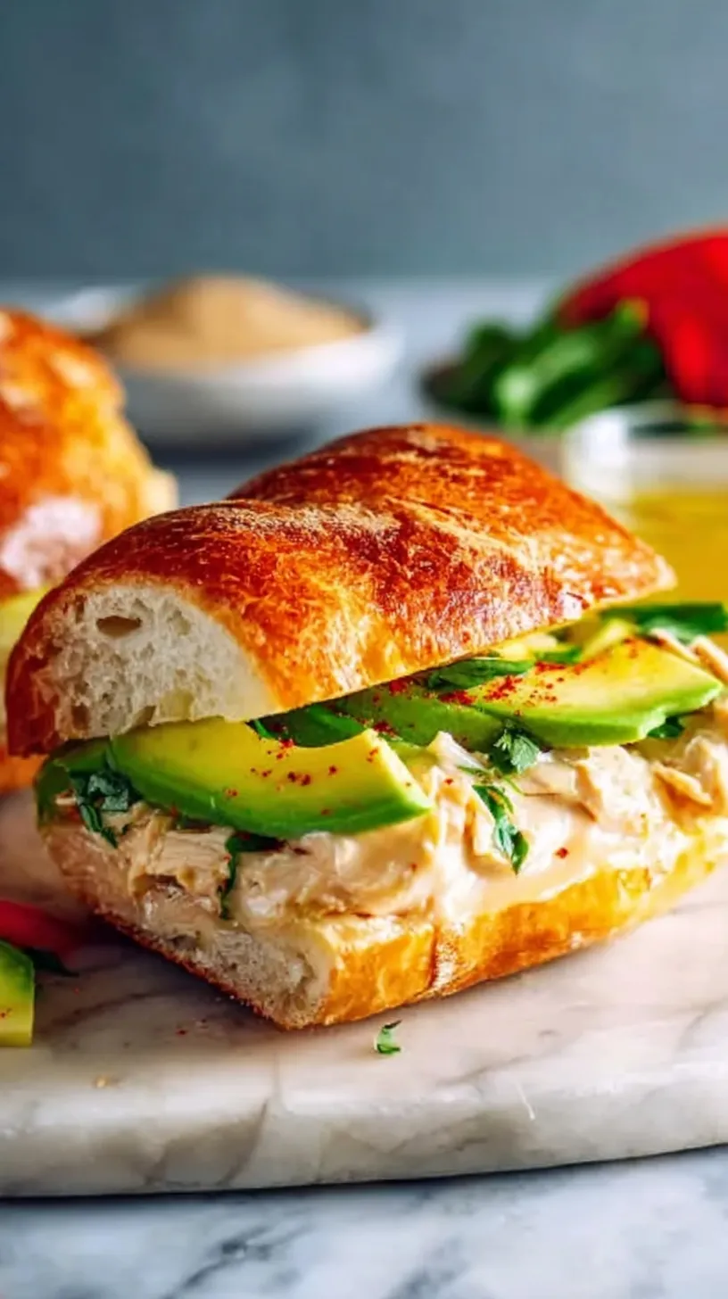 Toasted chipotle chicken avocado melt sandwich sliced diagonally on a wooden board