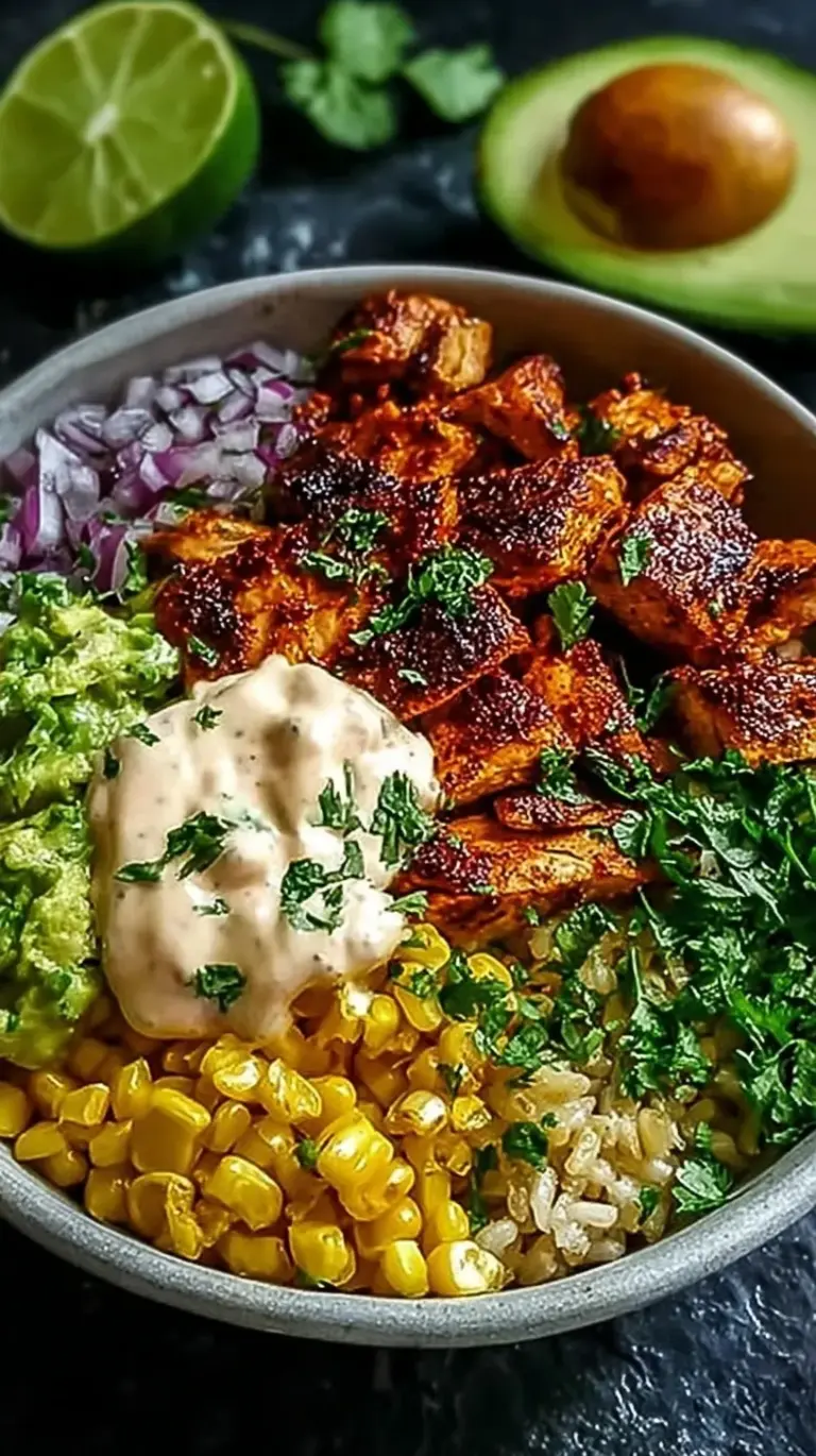 A vibrant Chipotle Chicken Bowl with grilled chicken, black beans, corn, and avocado over cilantro lime rice.
