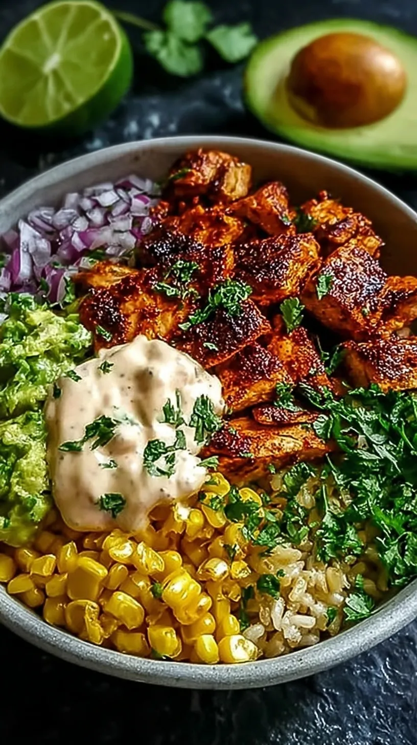 A vibrant Chipotle Chicken Bowl with grilled chicken, black beans, corn, and avocado over cilantro lime rice.