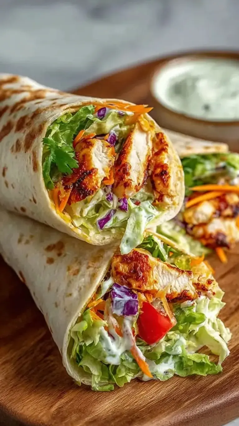 A close up of two chipotle chicken wraps sliced in half showing juicy chicken and fresh lettuce.