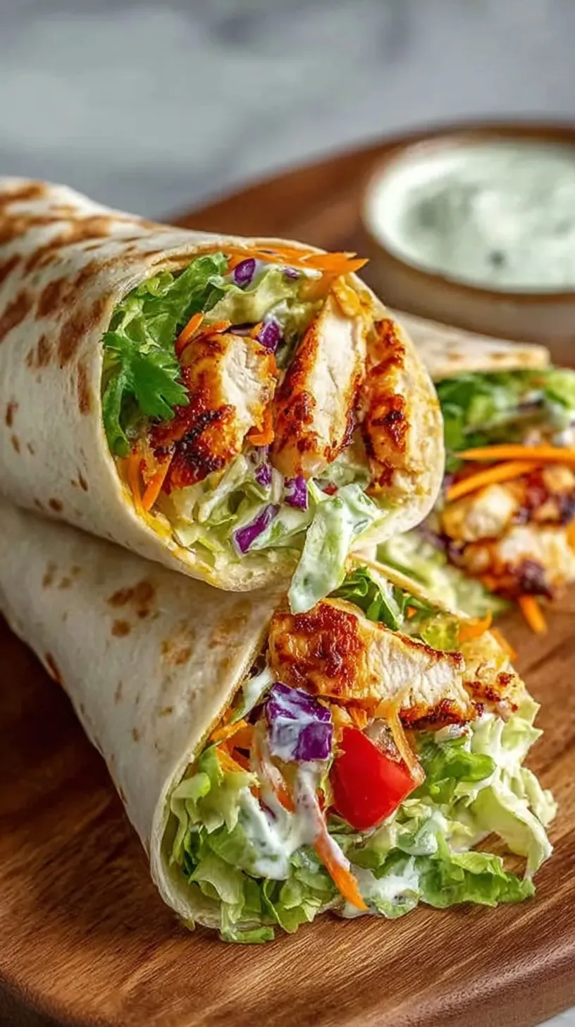A close up of two chipotle chicken wraps sliced in half showing juicy chicken and fresh lettuce.