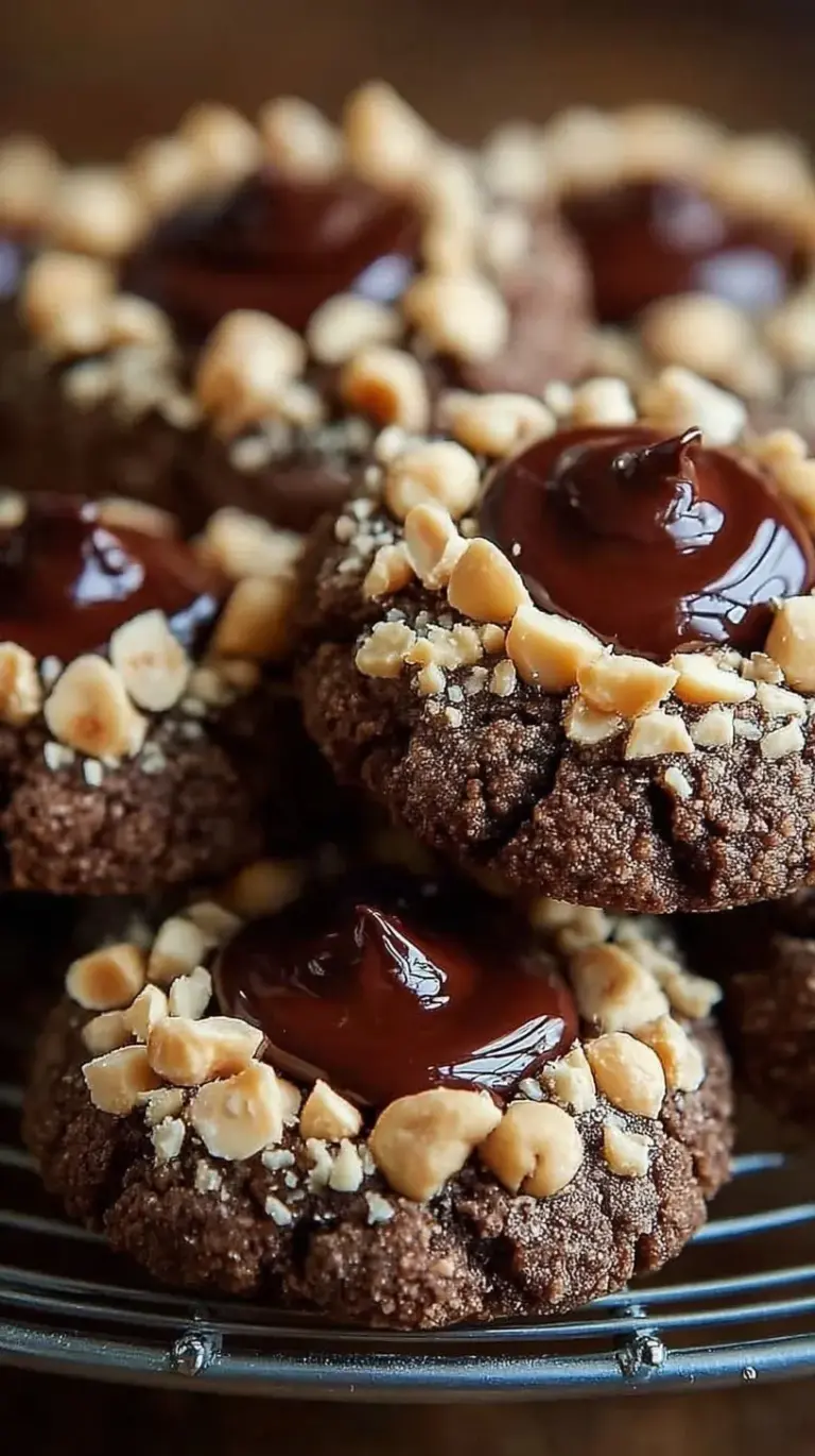 A tray of golden brown thumbprint cookies coated in crushed hazelnuts and filled with chocolate spread.