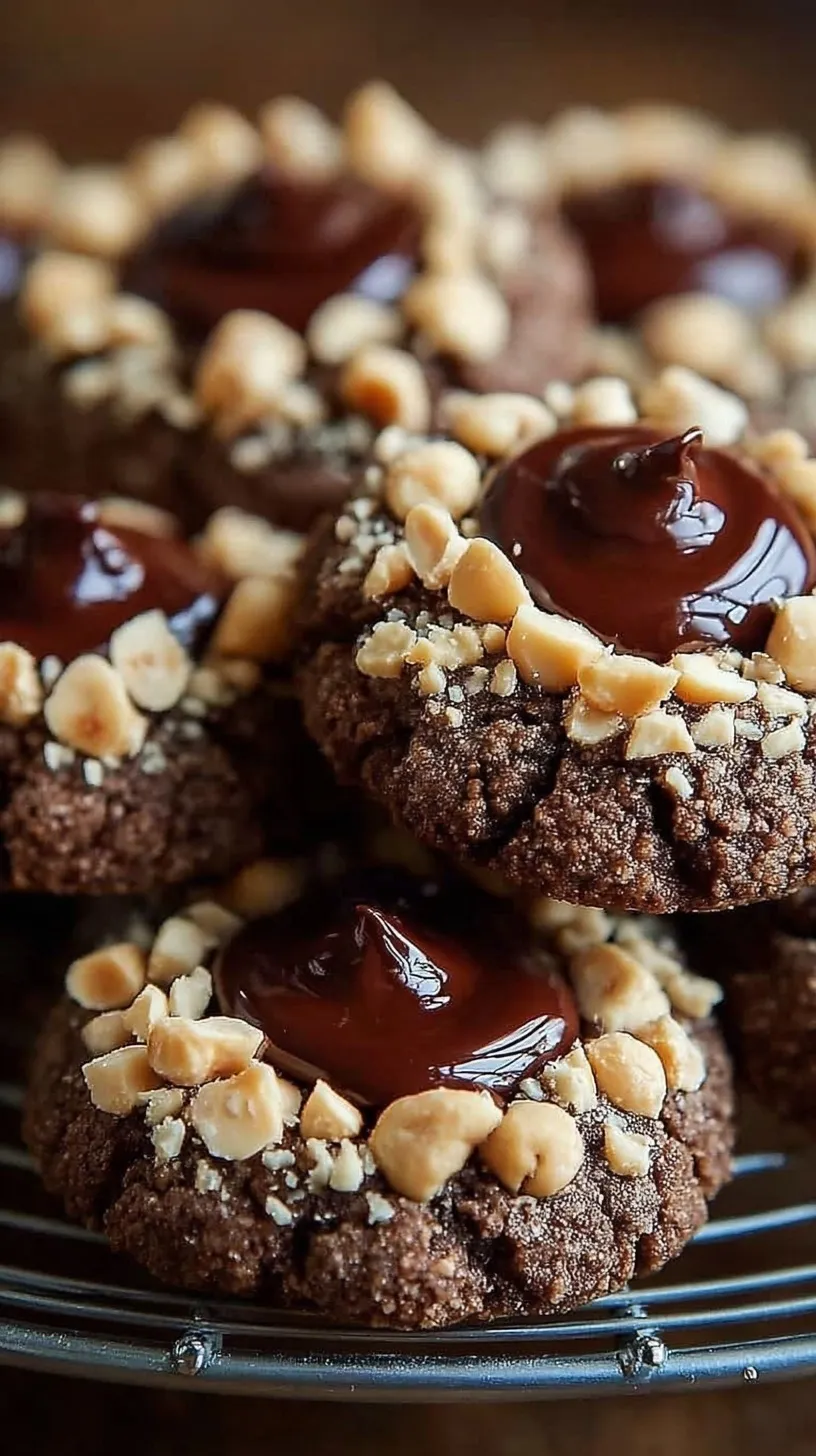 A tray of golden brown thumbprint cookies coated in crushed hazelnuts and filled with chocolate spread.