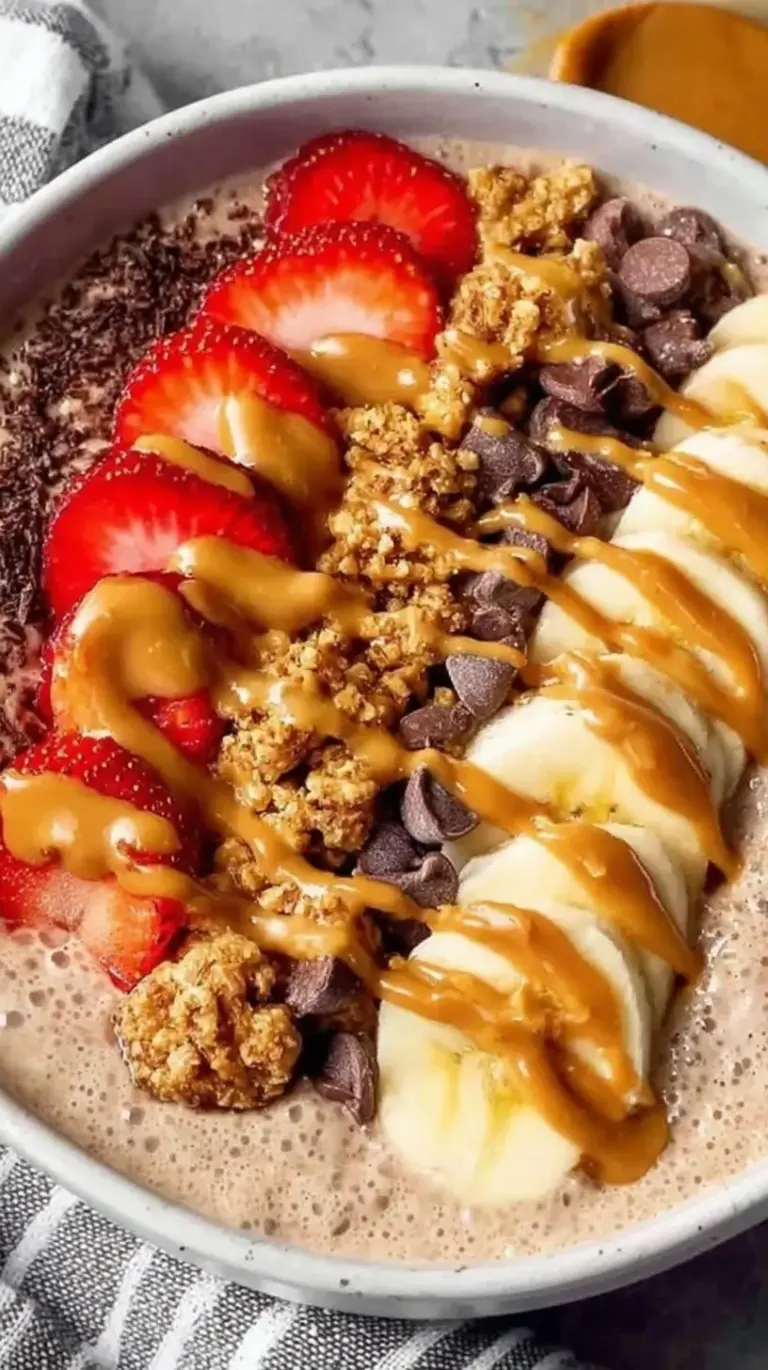 A creamy chocolate Greek yogurt bowl topped with a peanut butter drizzle, fresh blueberries, and cacao nibs.