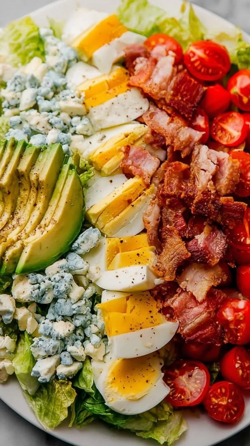 A vibrant Classic Cobb Salad with rows of chicken, bacon, eggs, and avocado on a bed of romaine lettuce.