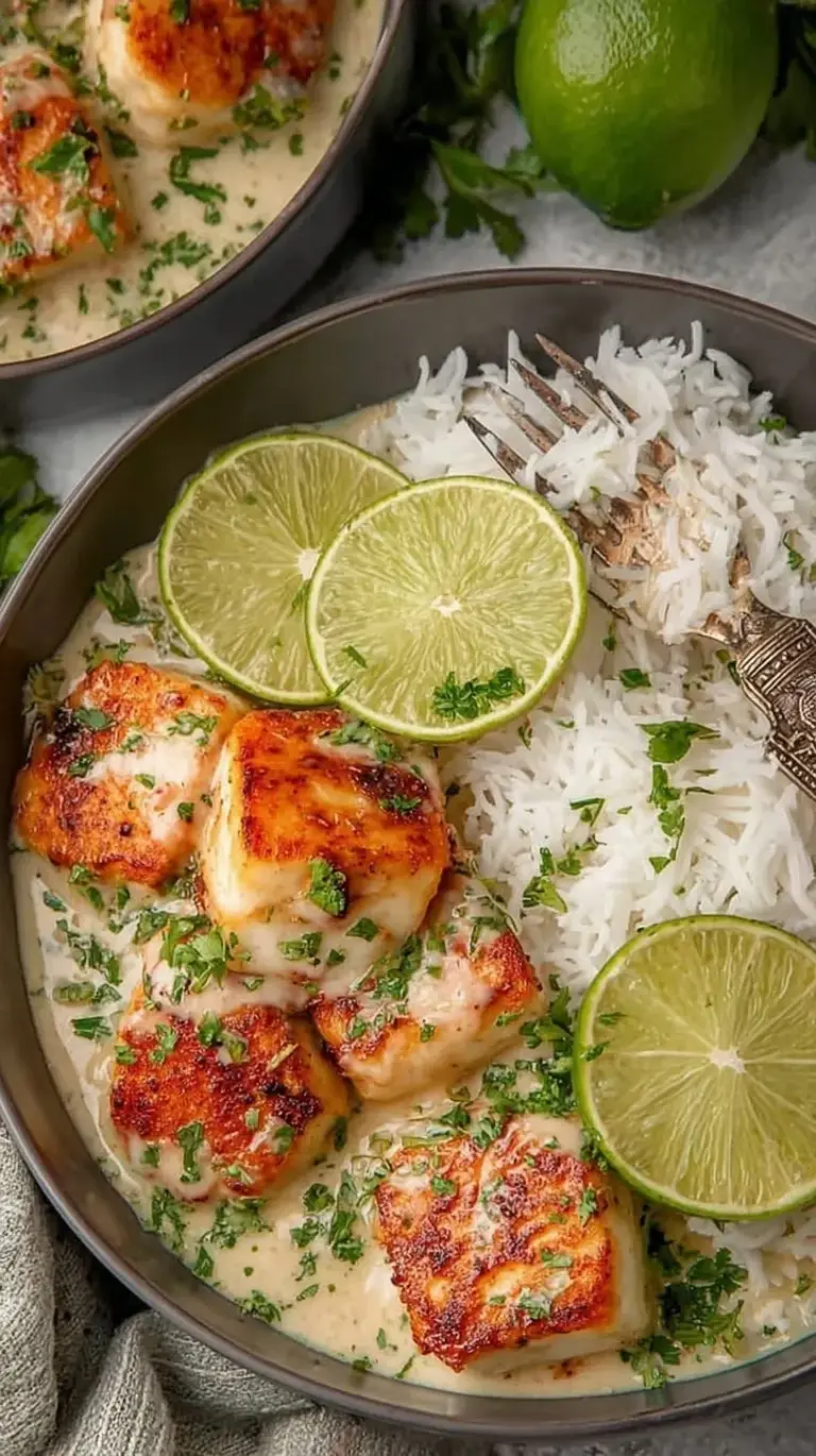 A skillet of crispy Coconut Lime Tofu garnished with fresh cilantro and lime zest over jasmine rice.